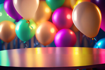  Superfície reluzente de uma mesa e balões coloridos desfocados ao fundo. - obrazy, fototapety, plakaty