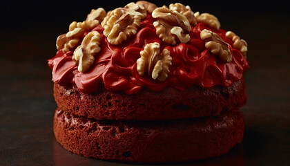 Homemade chocolate brownie with pecans, a tempting indulgence on wood generated by AI