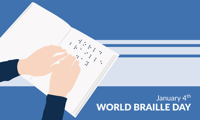 World Braille Day poster. Illustration of hand reading Braille book.