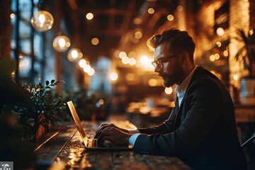 Man working on computer at night in dark office. Business concept