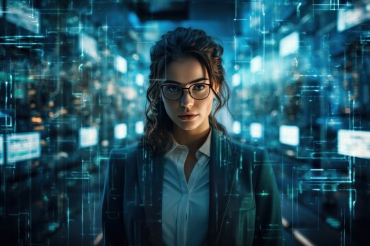 technology, computer, cyber, hacker, futuristic, network, code, coding, security, artificial intelligence. programmer put on formal suit stand middle coding HUD. to find something bug or error.