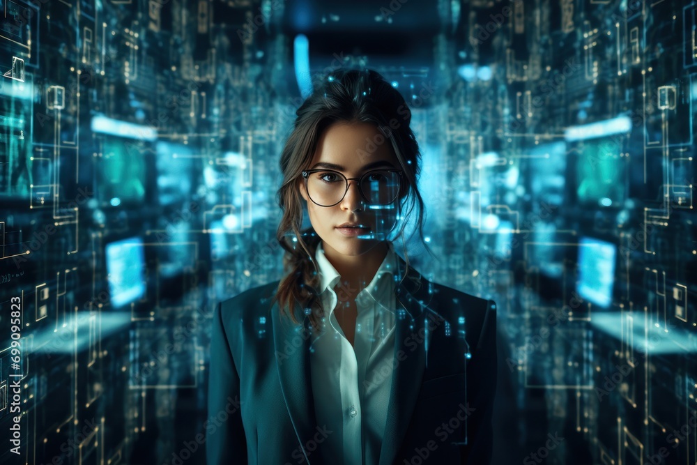 Poster technology, computer, cyber, hacker, futuristic, network, code, coding, security, artificial intelli