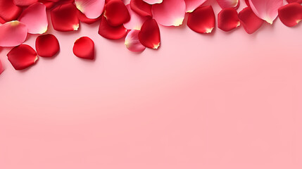 Top view red rose petals on pink background. Valentine's Day and International Women's Day background