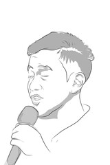 sketch of a man talking into a mic on a white background