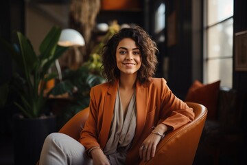 portrait, business, businesswoman, office, opportunity, co-worker, working space, leadership, smile, elegance. portrait image is close up businesswoman at working space. behind have office asset.