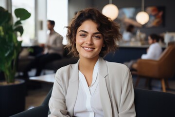 portrait, business, businesswoman, office, opportunity, co-worker, working space, leadership, smile, elegance. portrait image is close up businesswoman at working space. behind have office asset.