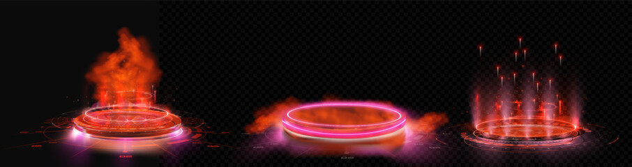 Futuristic podium red light portal effect isolated on transparent background. Abstract Digital Fire Rings and Particles on a Futuristic Interface Background. Realistic teleportation portal. Vector