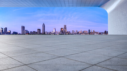 City Square floor and Shanghai skyline with modern buildings at dusk