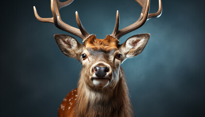 Fototapeta premium Cute deer looking at camera, surrounded by winter snow generated by AI
