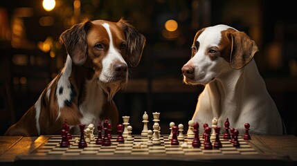 A domestic dogs playing a game of chess. Generative AI - obrazy, fototapety, plakaty