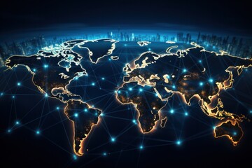 earth, cyberspace, continent, global, map, network, connection, technology, business, communication. the continent in world with internet network technology system on night. there all connected.