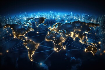 earth, cyberspace, continent, global, map, network, connection, technology, business, communication. the continent in world with internet network technology system on night. there all connected.