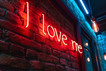 Neon sign with text "I love me" on a brick wall for Valentines Day