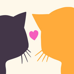 Silhouette couple cat with love mark. Contemporary poster print banner template. Organic doodle shapes in trendy naive hippie 60s 70s style.