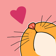 Cat sniff love on pink background. Contemporary poster print banner template. Organic doodle shapes in trendy naive hippie 60s 70s style.