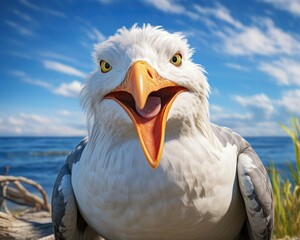 painted cute seagull smiling, beautiful seagull, comical seagull, simple drawing
