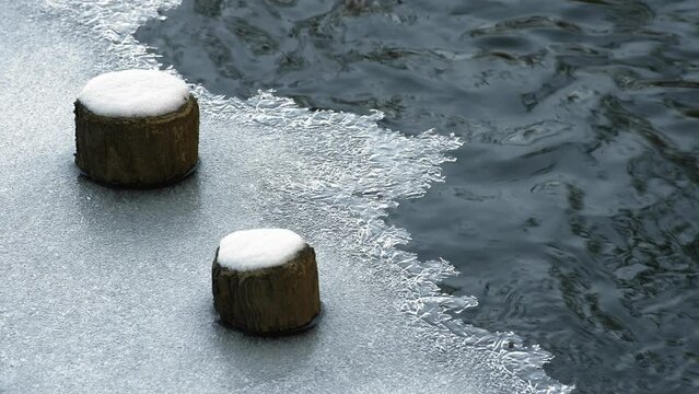 川岸の薄氷と水の流れ
