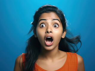 young indian woman shocked on blue background