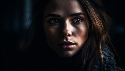 Beautiful young woman looking at camera with elegance and sadness generated by AI