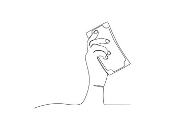 Single continuous line drawing of a hand gesture holding money. Single line design vector graphic illustration 

