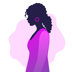 Colored silhouette of woman with waist-length earring in purple-pink gradient. Suitable for website, banners or poster about feminism, discrimination, sex violence, abuse, protection, social problem