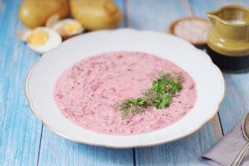 A plate with cold beetroot soup - national dish of Baltic region	