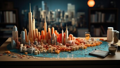 illustration, model, architectural, skyscraper, modern, skyline, urban, home, art, downtown. orange 3D modern architecture sustainable skyscraper background with a city. image generative via AI.