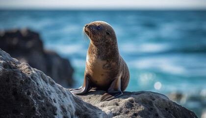Cute seal resting on rock, enjoying tranquil coastal beauty generated by AI