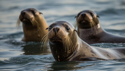 Fototapeta premium Seal family resting on tranquil coastline, enjoying natural beauty generated by AI