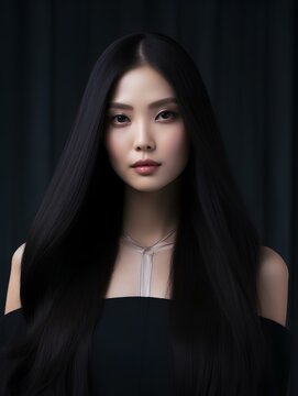 portrait of beautiful Asian woman with long black hair on isolated black background, AI Generative
