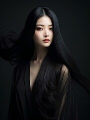 Fototapeta premium portrait of beautiful Asian woman with long black hair on isolated black background, AI Generative