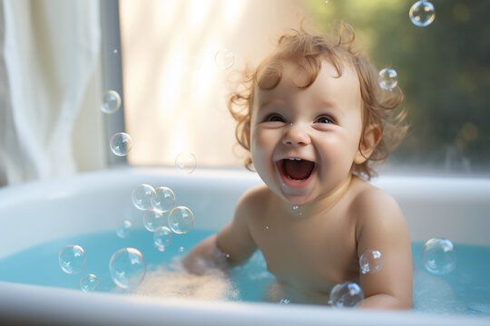  Capturing the wonder of childhood as a baby indulges in a bubbly bath play.