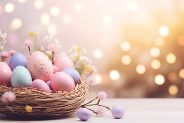 Fototapeta na wymiar beautiful colored easter eggs in a easter nest with flowers in front of a blurry bokeh background with space for text, easter background