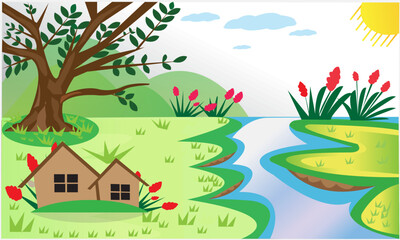 Village Nature scene with many trees, Flower, River illustration landscape Vector design