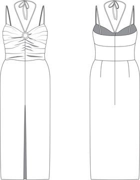 Strapped draped detailed long dress with slit technical drawing cad vector