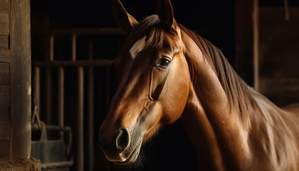 Foto op Plexiglas Beautiful horse grazing in a rural farm, close up portrait generated by AI © Stockgiu
