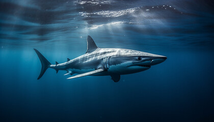 Naklejka premium Majestic underwater creature swimming in blue sea, teeth showing aggression generated by AI