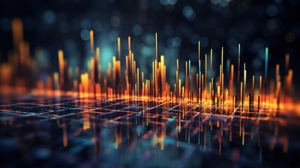 finance, graph, investment, chart, background, economy, financial, growth, money, stock. foreground has financial trends solid and bar chart, orange and blue line graphs in city visualizing pulsing. - obrazy, fototapety, plakaty