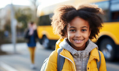 Smiling Elementary Student Girl Excitedly Awaits School Bus - Ready for a Day of Learning.