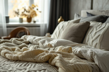 Fototapeta na wymiar Winter-Themed Bedroom Highlighting Ivory Duvet Quilt With