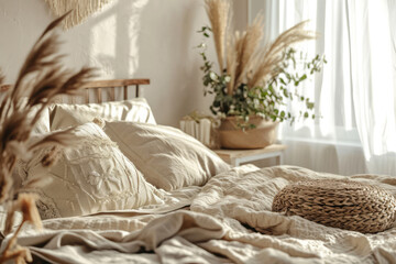 Fototapeta na wymiar Closeup Of A Cozy Beige Bedroom Adorned With Natural Decorations