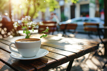 Intimate View Of A Cup Of Coffee On A Table At An Outdoor Cafe With