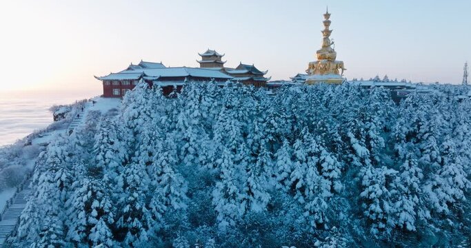 aerial view of sunrise amazing landscape at Emei mountain summit world wonder of Sichuan China