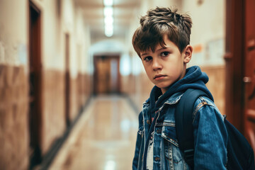Resilient Boy Overcoming Challenges In School Corridor, Seeking Support - obrazy, fototapety, plakaty