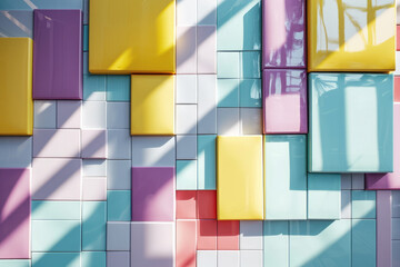 Elevated Geometric Wall Featuring Pastel Colored Squares And Rectangles