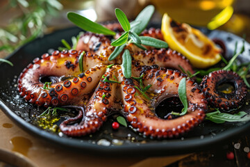 Mediterranean Delight: Grilled Octopus Plated On Noir Background