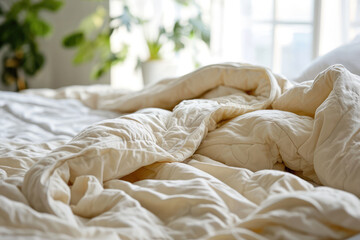 Fototapeta na wymiar Ivory Duvet Quilt On Bed, Preparing For Winter