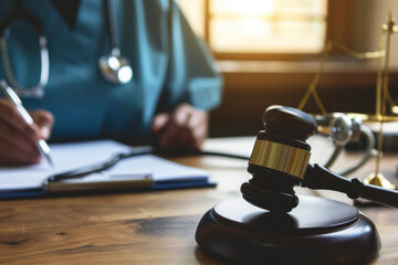 The Closeup Features Judges Gavel, Stethoscope, And Doctor In The Background Writing Notes, Emphasizing The Legal Aspects Of Healthcare And Health Insurance Benefits