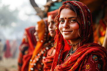 A smiling woman in traditional Indian attire with a red saree and accessories, surrounded by others at a cultural event. - obrazy, fototapety, plakaty