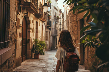 Fototapeta na wymiar Adventurous Girl Explores The Charming Streets Of An Old Spanish Town With A Focus On Detail